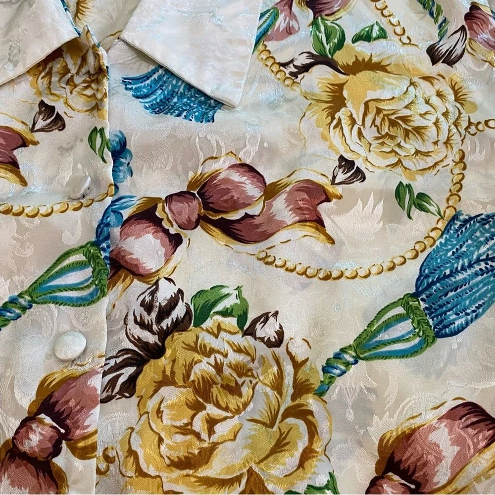 Vintage Victoria's Secret Gold Label Womens Silky Nightshirt Medium Floral Cream